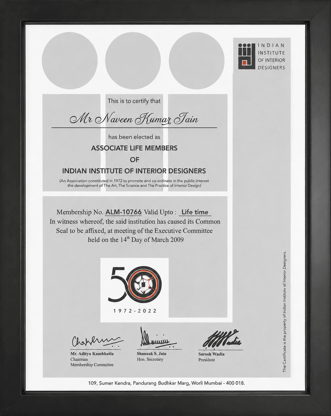 Associate Life Member - IIID, 2009